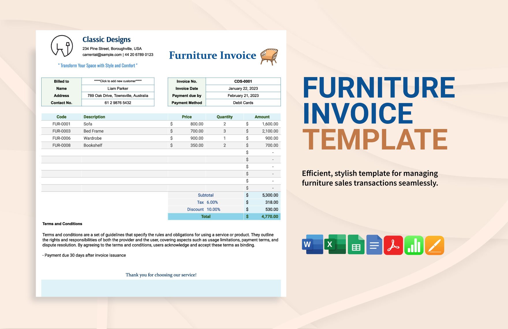Furniture Invoice Template in Word, Google Docs, Excel, PDF, Google Sheets, Apple Pages, Apple Numbers
