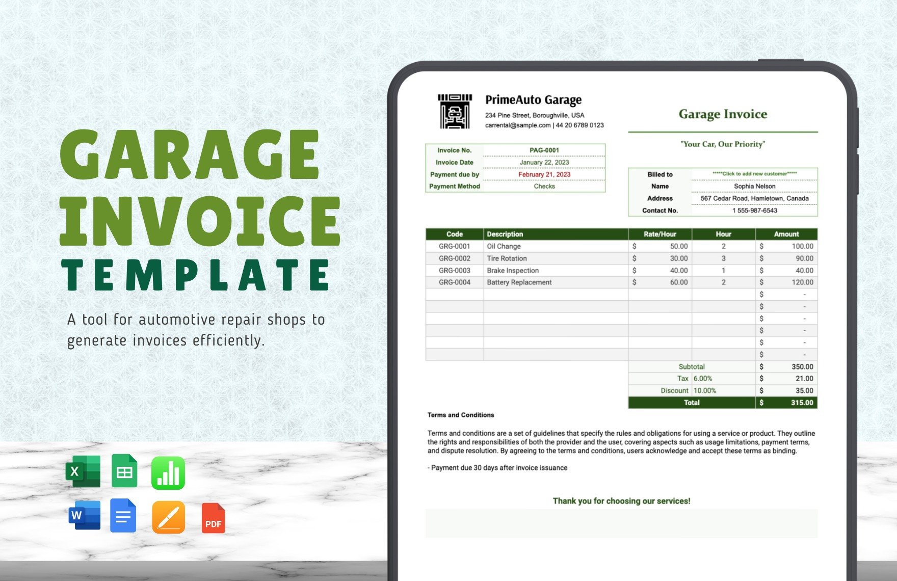 Garage Invoice Template in Word, Google Docs, Excel, PDF, Google Sheets, Apple Pages, Apple Numbers