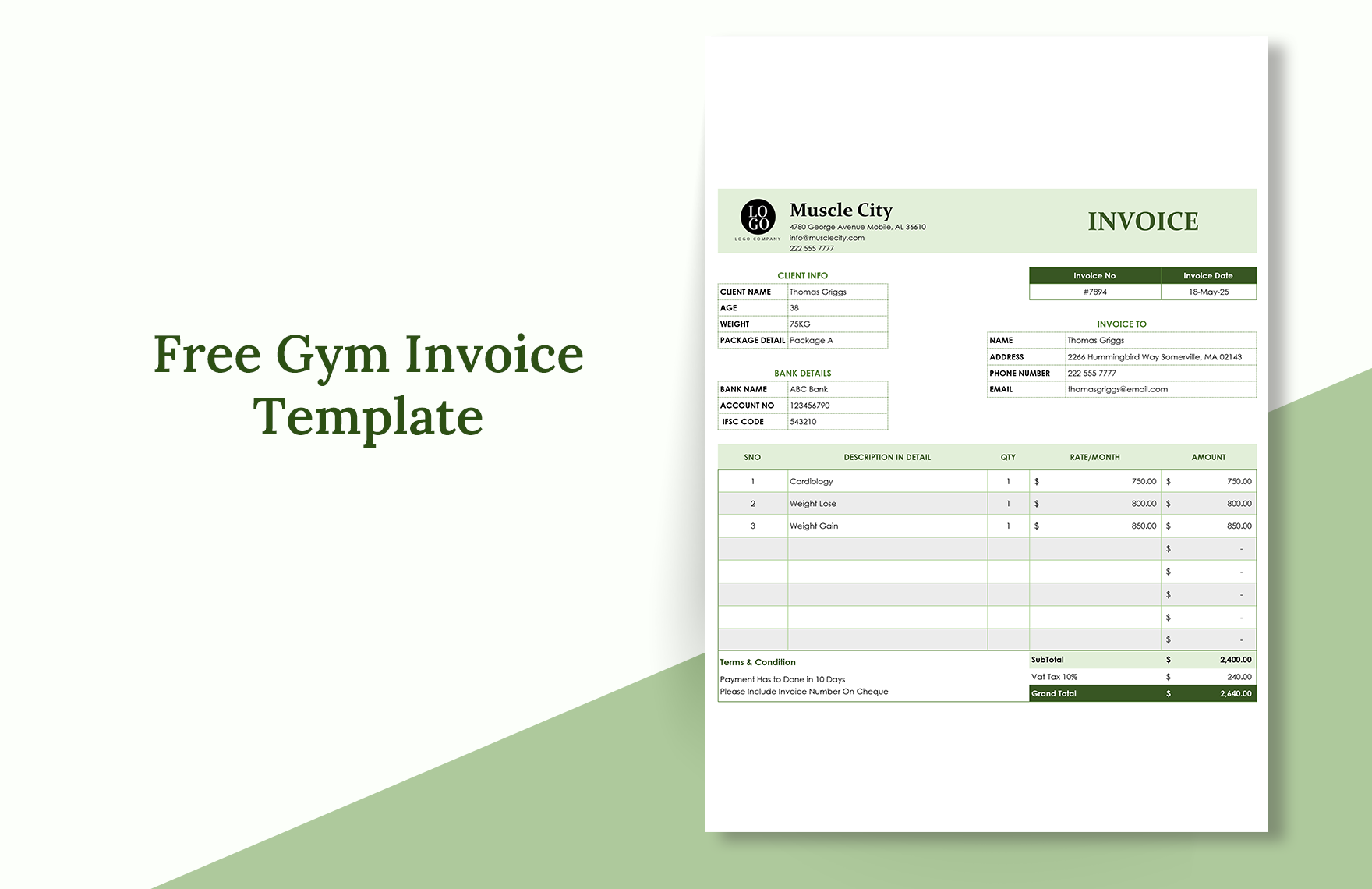 Gym  Invoice  Template in Word, Google Docs, Excel, PDF, Google Sheets, Apple Pages, Apple Numbers