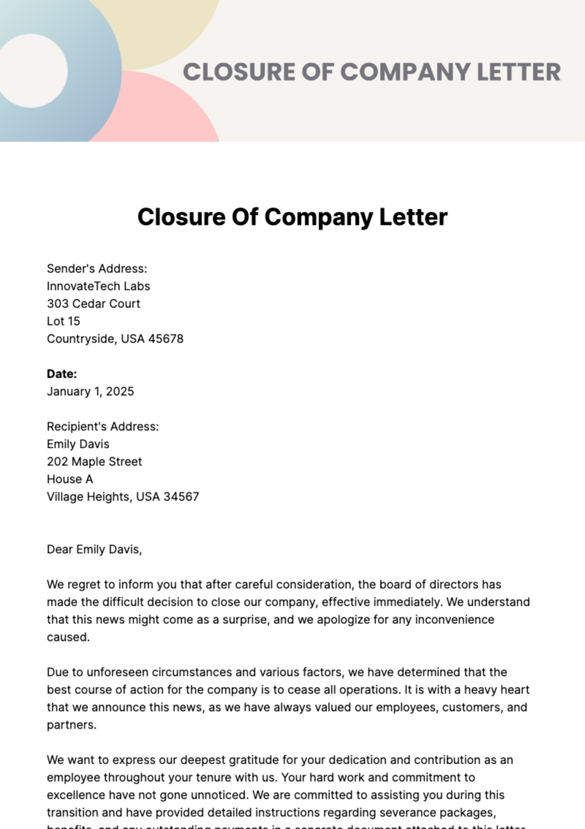 Closure Of Company Letter Template