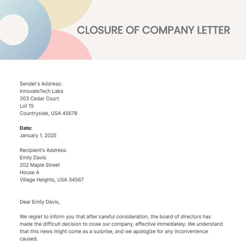 Closure Of Company Letter Template