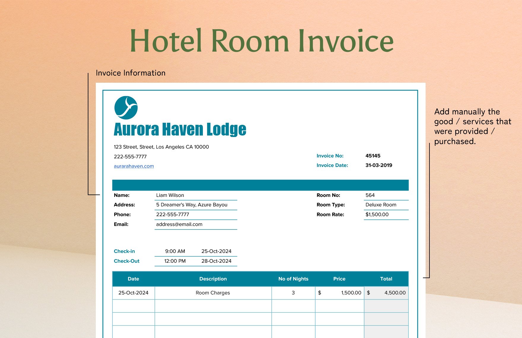 Hotel Room Invoice Template Download in Word, Google Docs, Excel, PDF