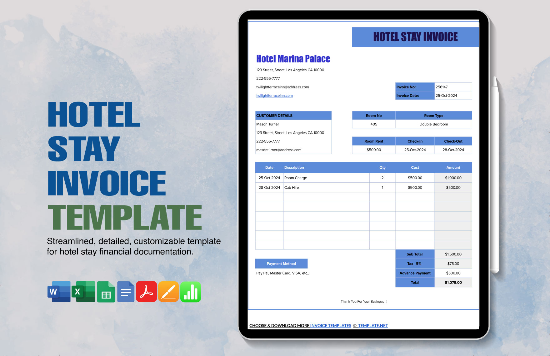 Free Hotel Stay Invoice Template in Word, Google Docs, Excel, PDF, Google Sheets, Apple Pages, Apple Numbers