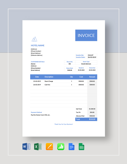 Hotel Invoice Template 20 Word Excel PDF Format Download