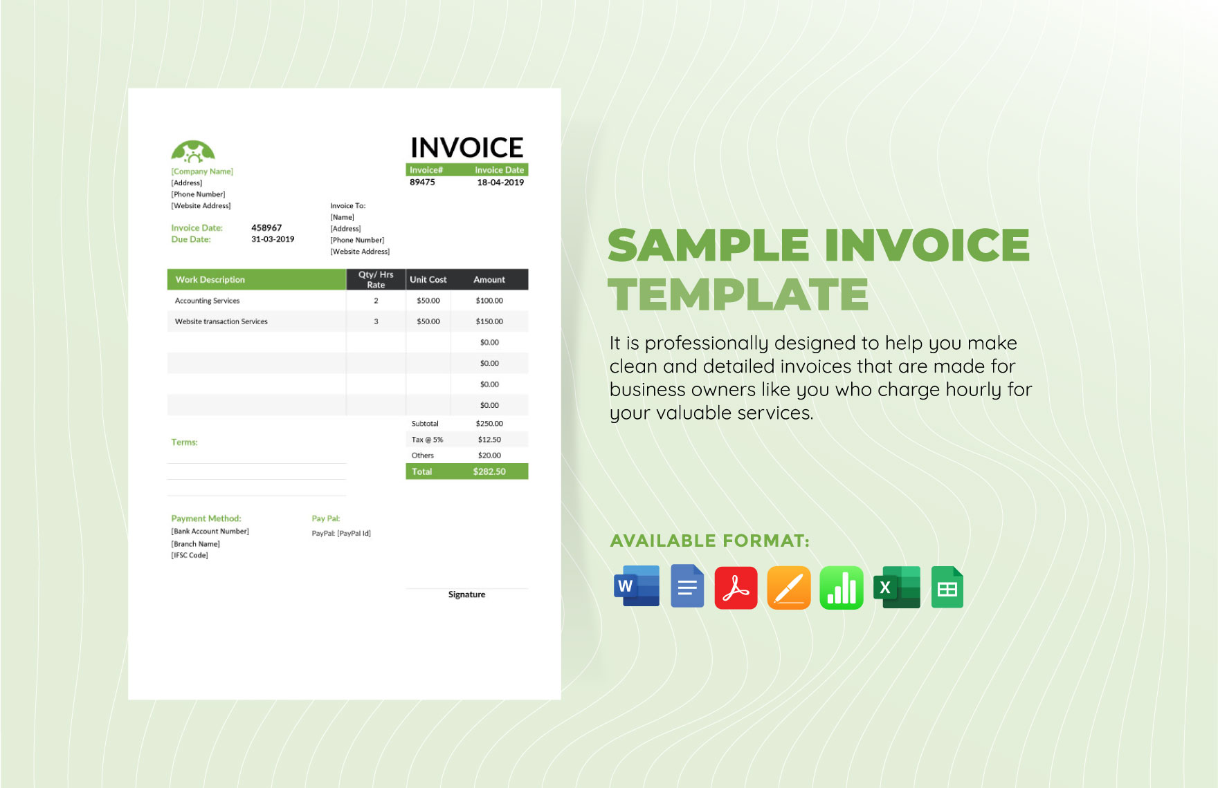 Sample Hourly Invoice Template in Google Docs, Google Sheets, Pages, Excel, Word, Apple Numbers, PDF - Download | Template.net