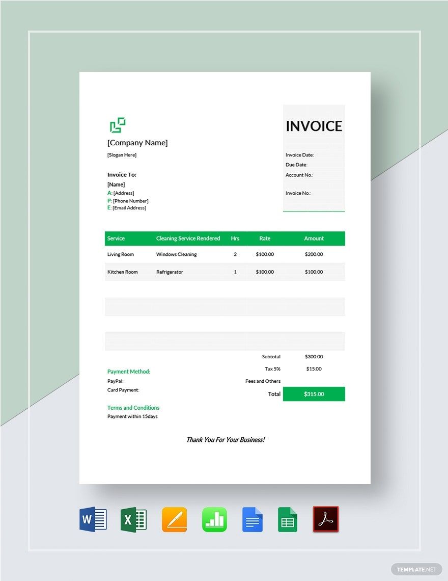 House Cleaning Service Invoice Template in Google Docs, Google Sheets, Apple Numbers, Pages, Word, Excel, PDF - Download | Template.net