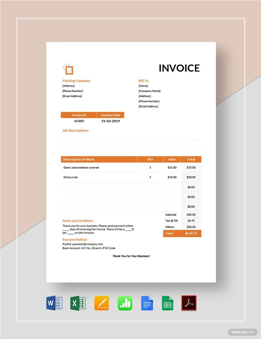 Painting Services Invoice Template in Word, Google Docs, Excel, PDF, Google Sheets, Apple Pages, Apple Numbers