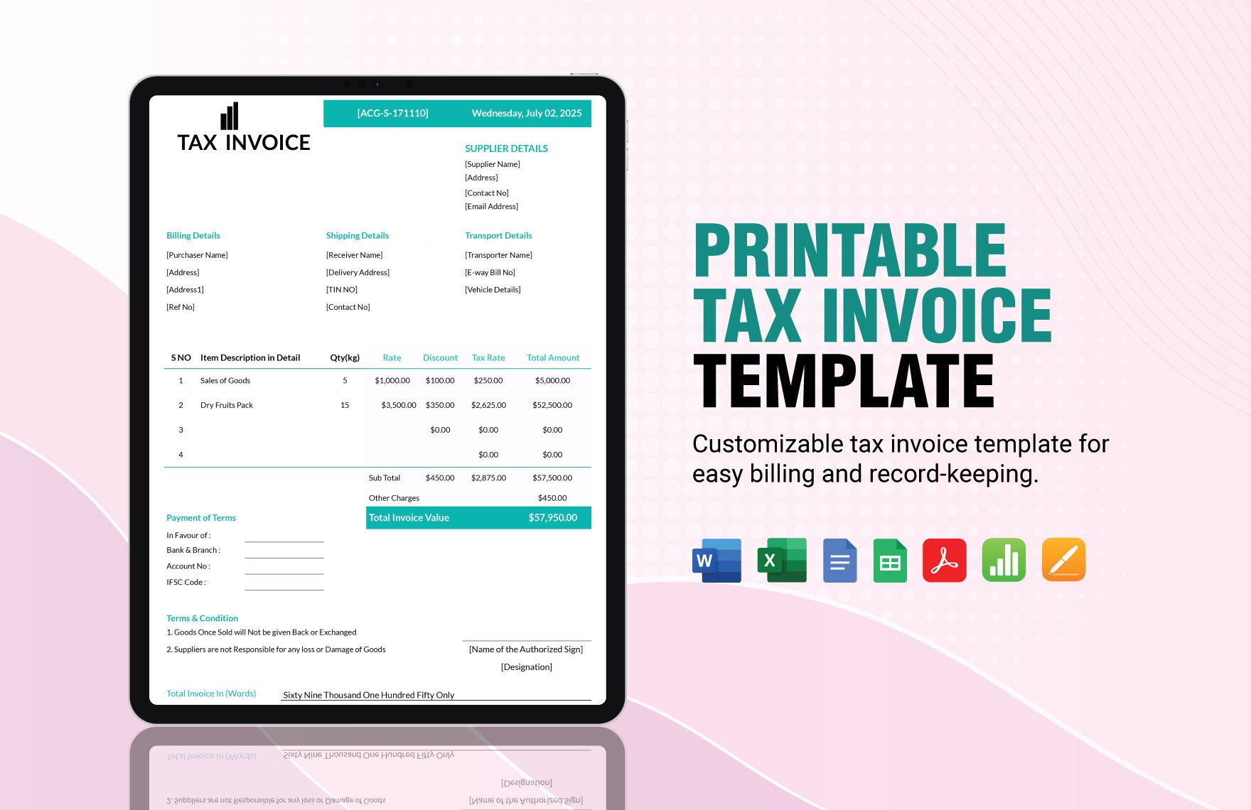 Printable Tax Invoice Template in Word, Google Docs, Excel, PDF, Google Sheets, Apple Pages, Apple Numbers