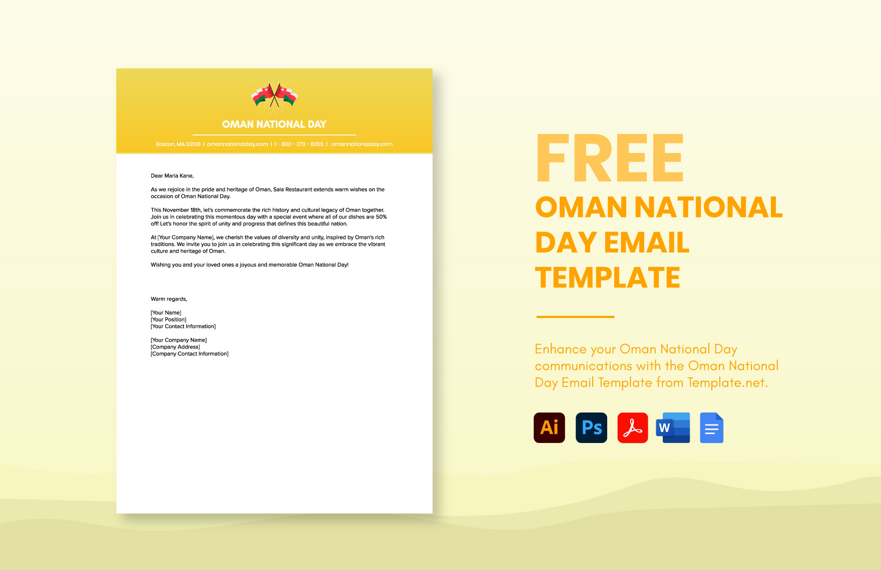 Free Oman National Day Email Template in Word, Google Docs, PDF, Illustrator, PSD