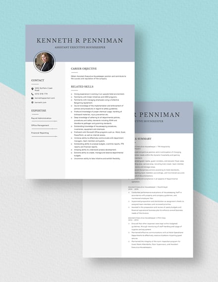 Assistant Executive Housekeeper Resume/CV Template - Word ...