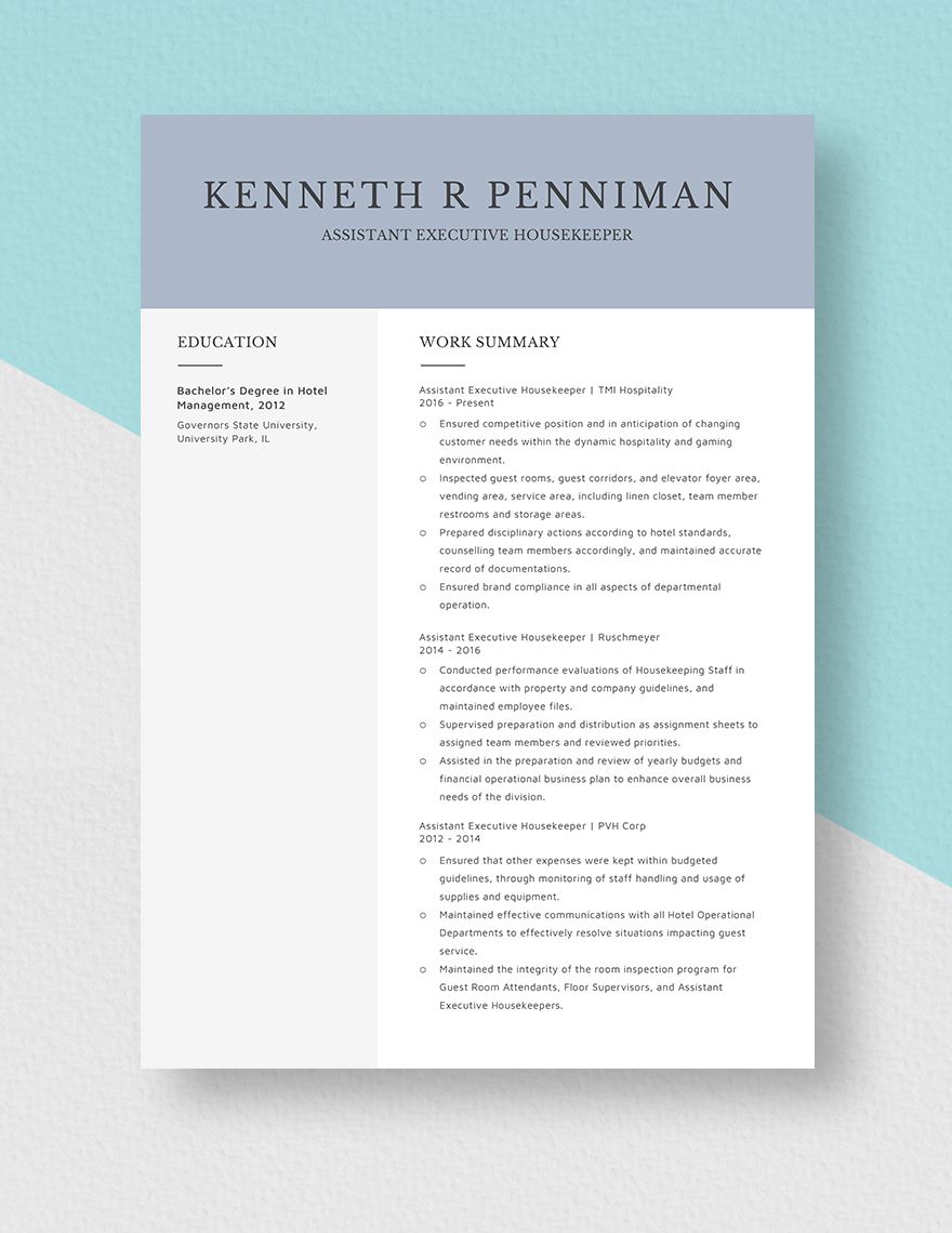 Assistant Executive Housekeeper Resume