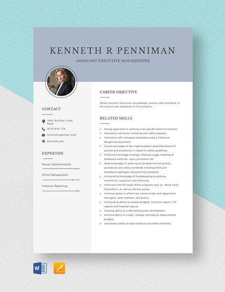 Assistant Executive Housekeeper Resume Template - Word, Apple Pages