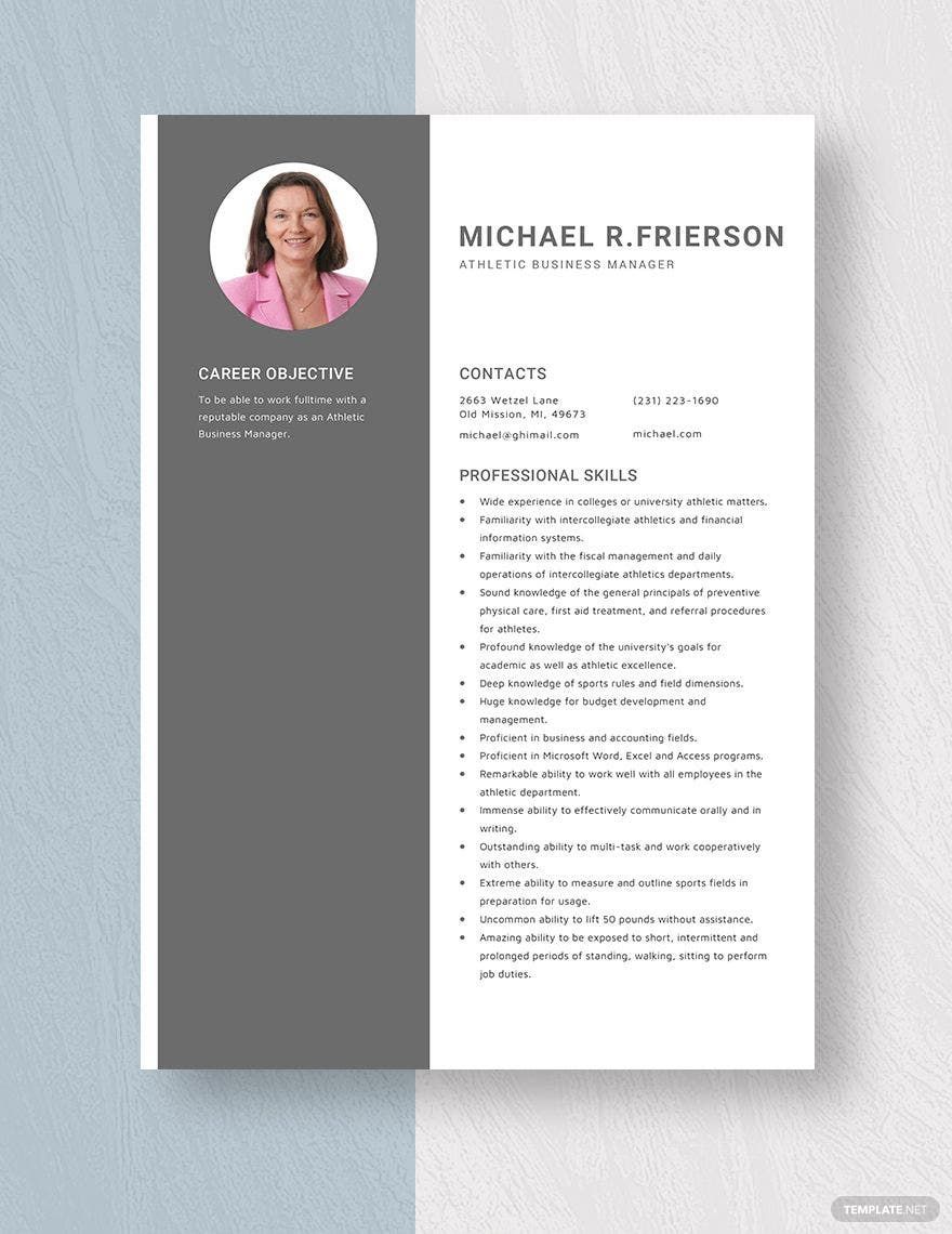 Athletic Business Manager Resume Template