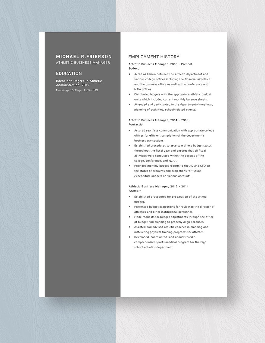 Athletic Business Manager Resume