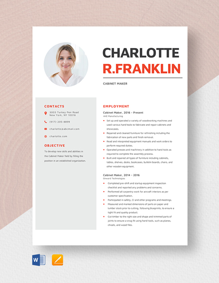 Cabinet Marker Resume Template - Word, Apple Pages
