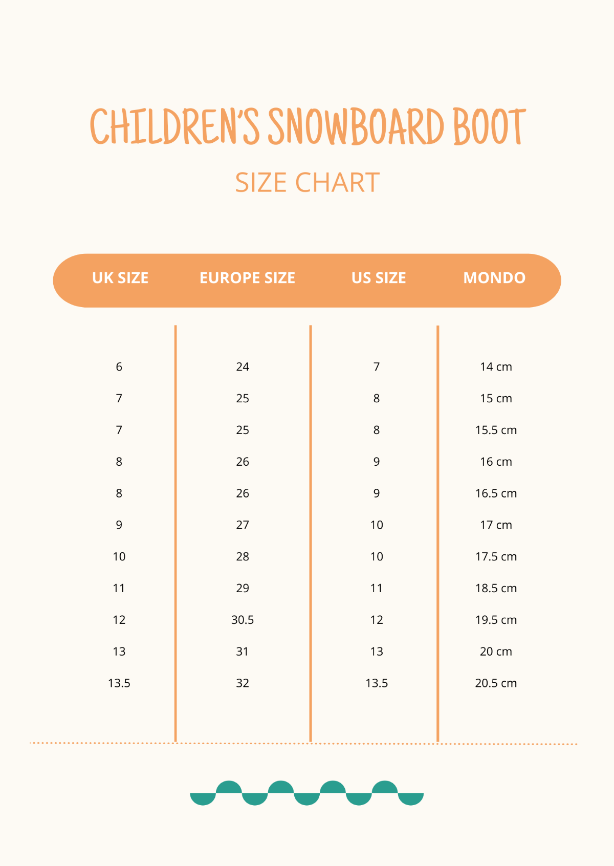 Children's Snowboard Boot Size Chart Template