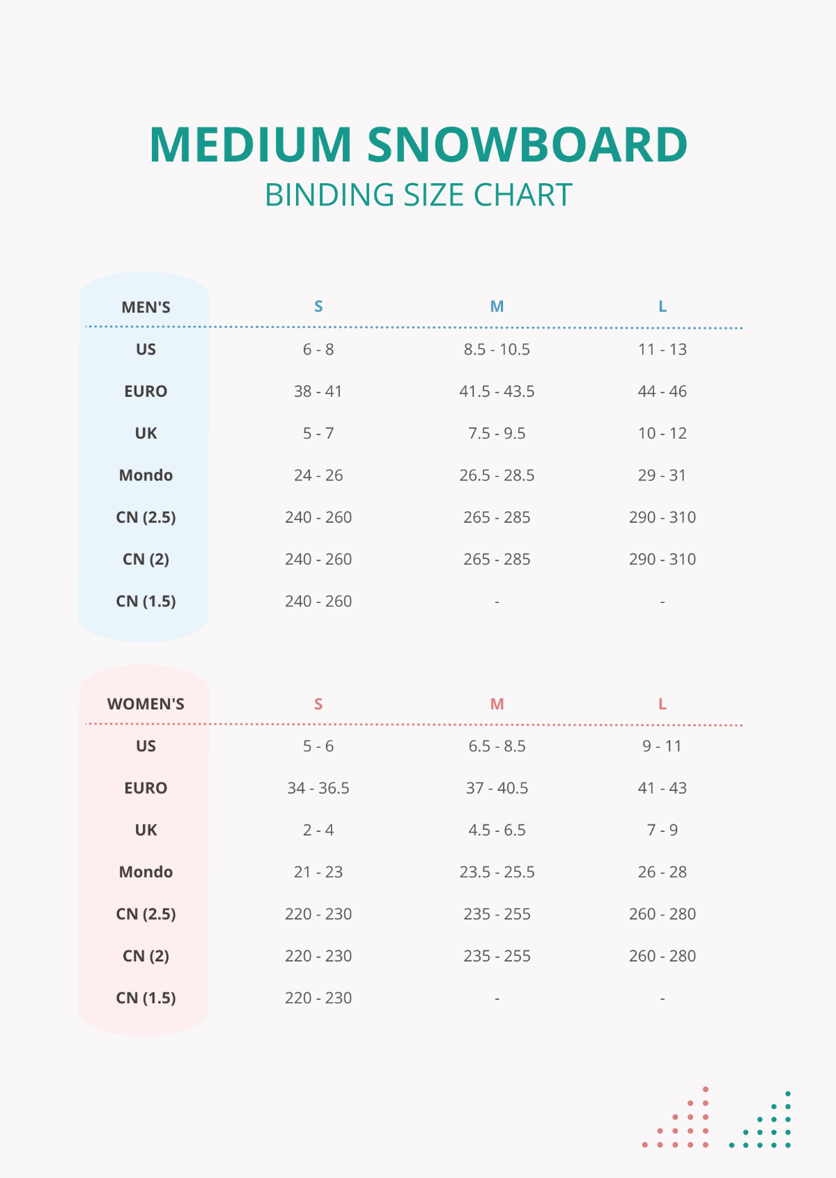 Medium Snowboard Bindings Size Chart Template