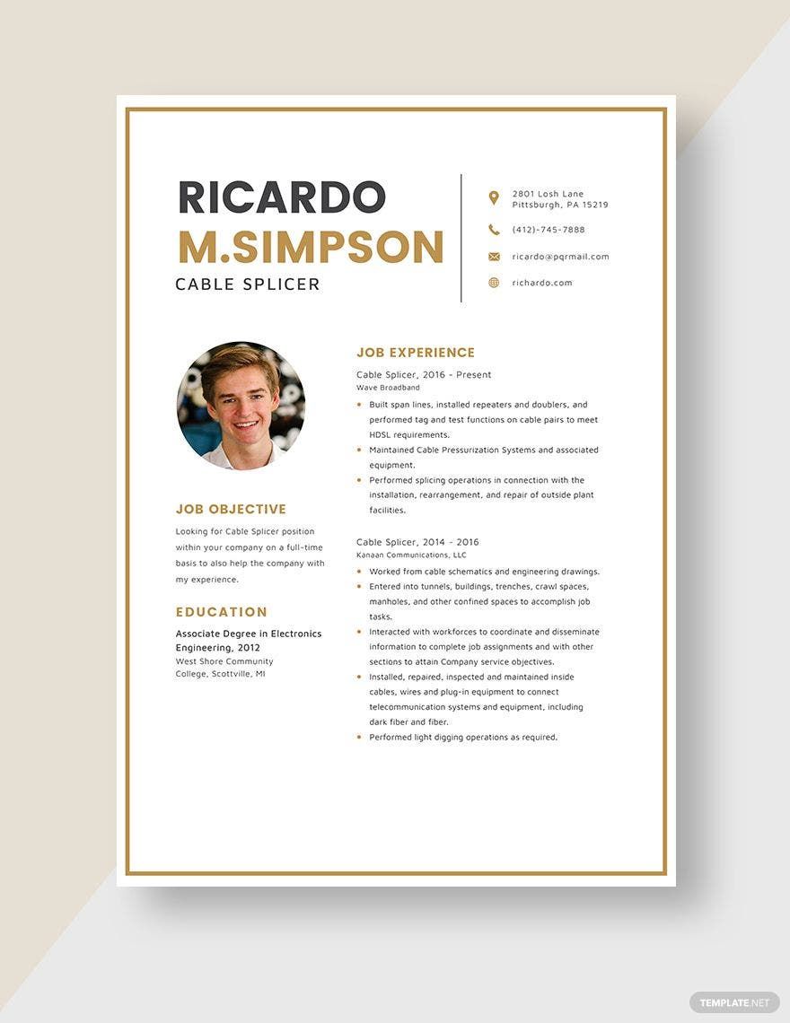 Cable Splicer Resume in Word, Apple Pages