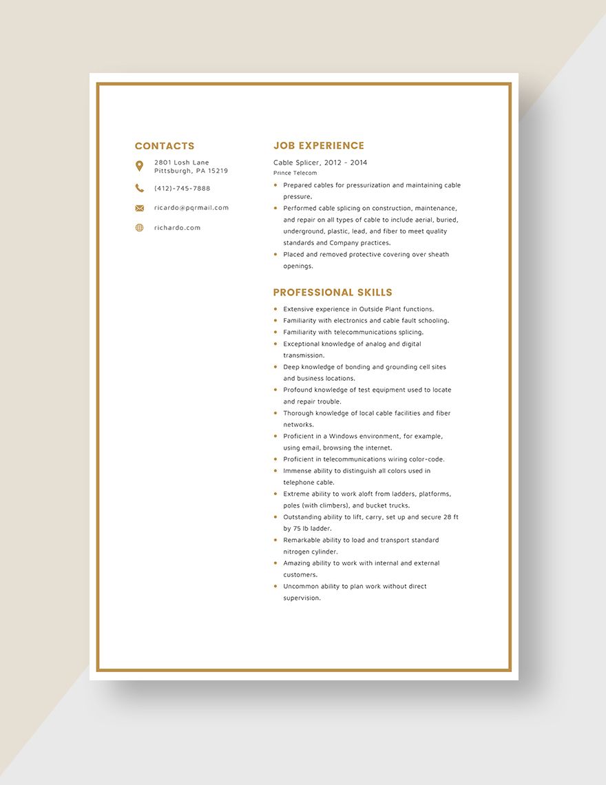 Cable Splicer Resume