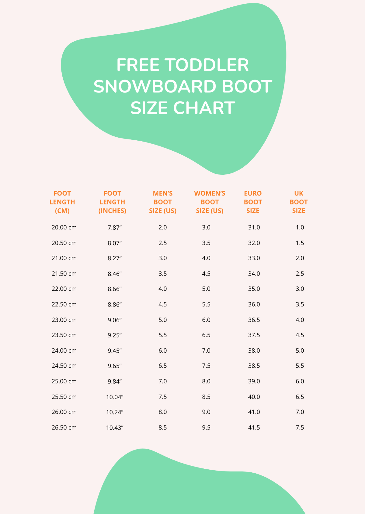 Free Toddler Snowboard Boot Size Chart Template