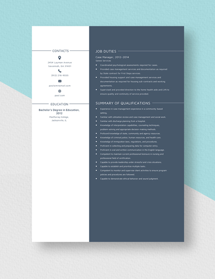 Case Manager Resume Template
