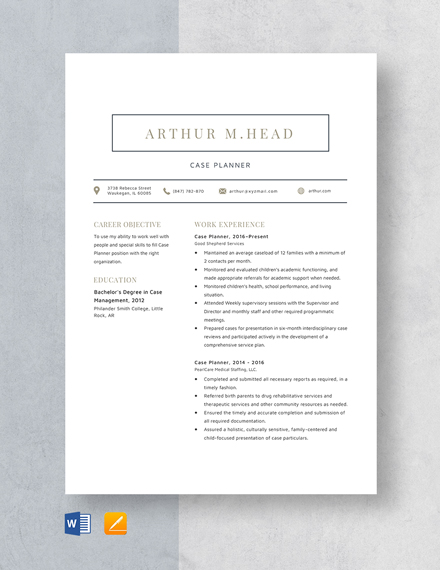 Case Planner Resume Template - Word, Apple Pages