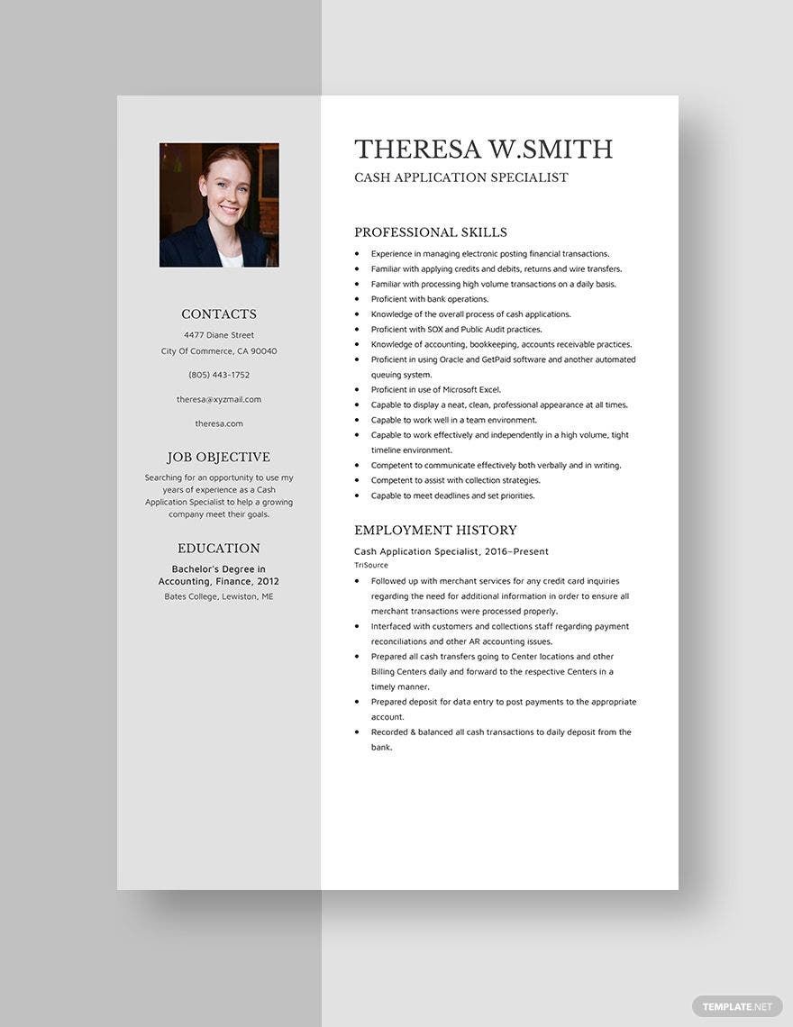Cash Application Specialist Resume in Word, Apple Pages