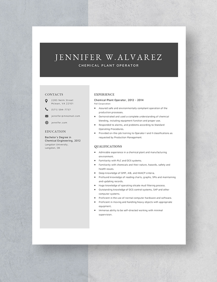 Chemical Plant Operator Resume Template