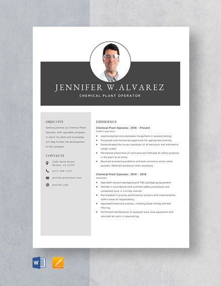 Free Chemical Plant Operator Resume Template - Word, Apple Pages