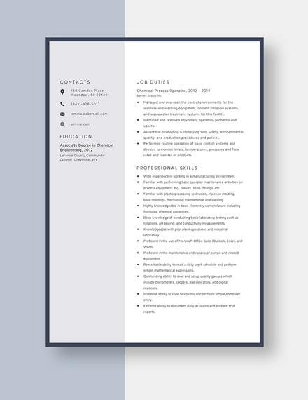 Chemical Process Operator Resume Template