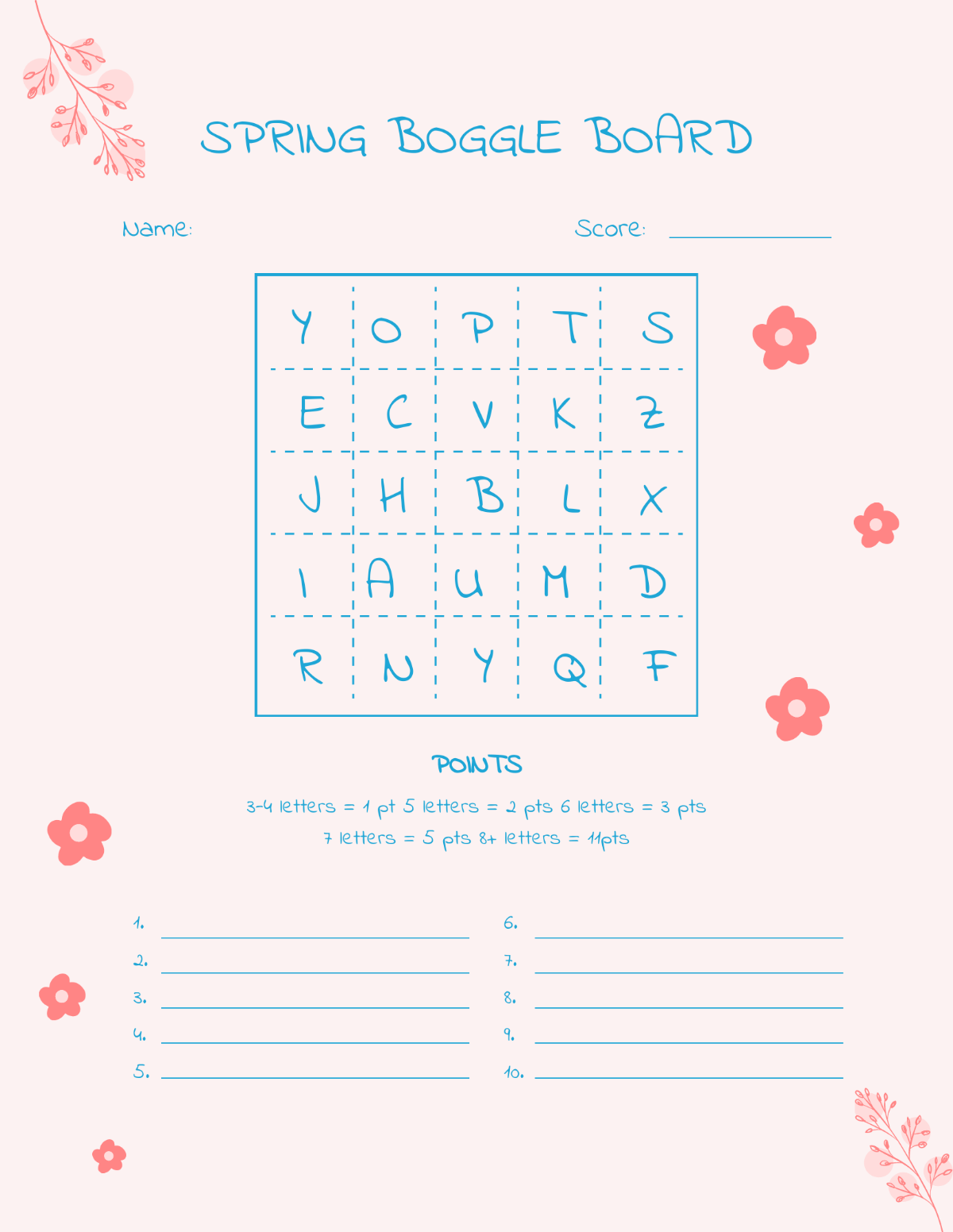 Spring Boggle Board Template