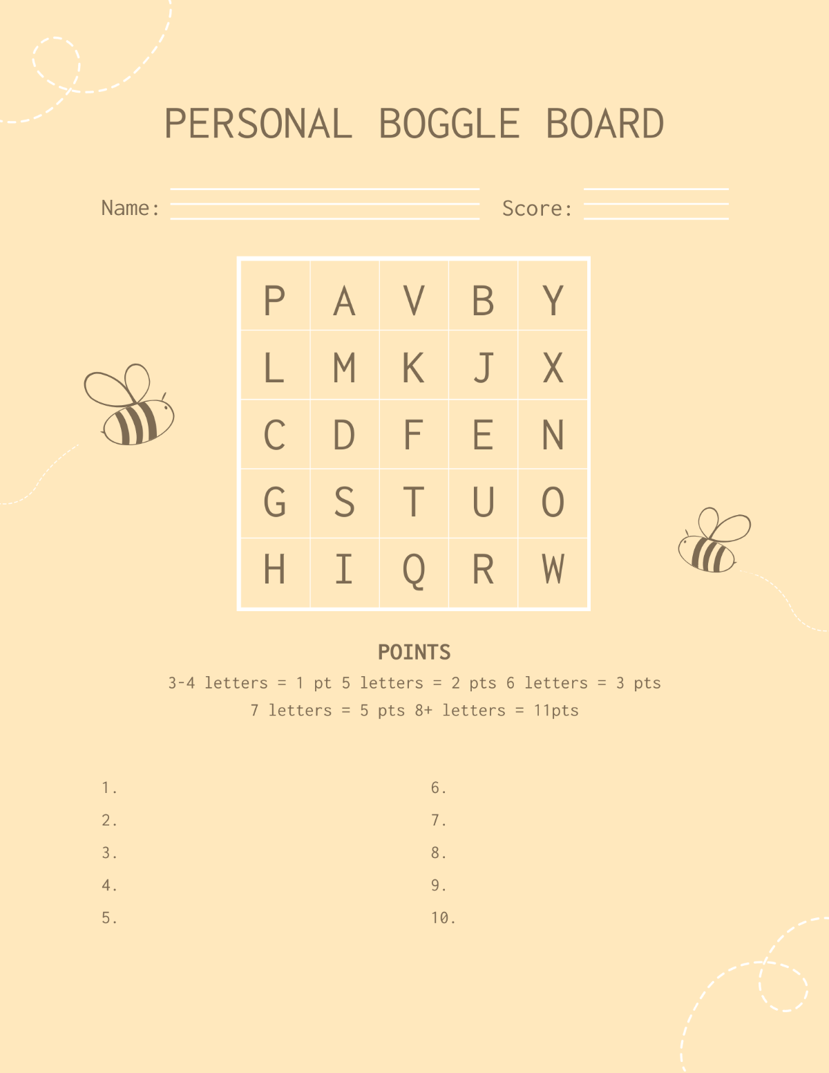 Free Personal Boggle Board Template