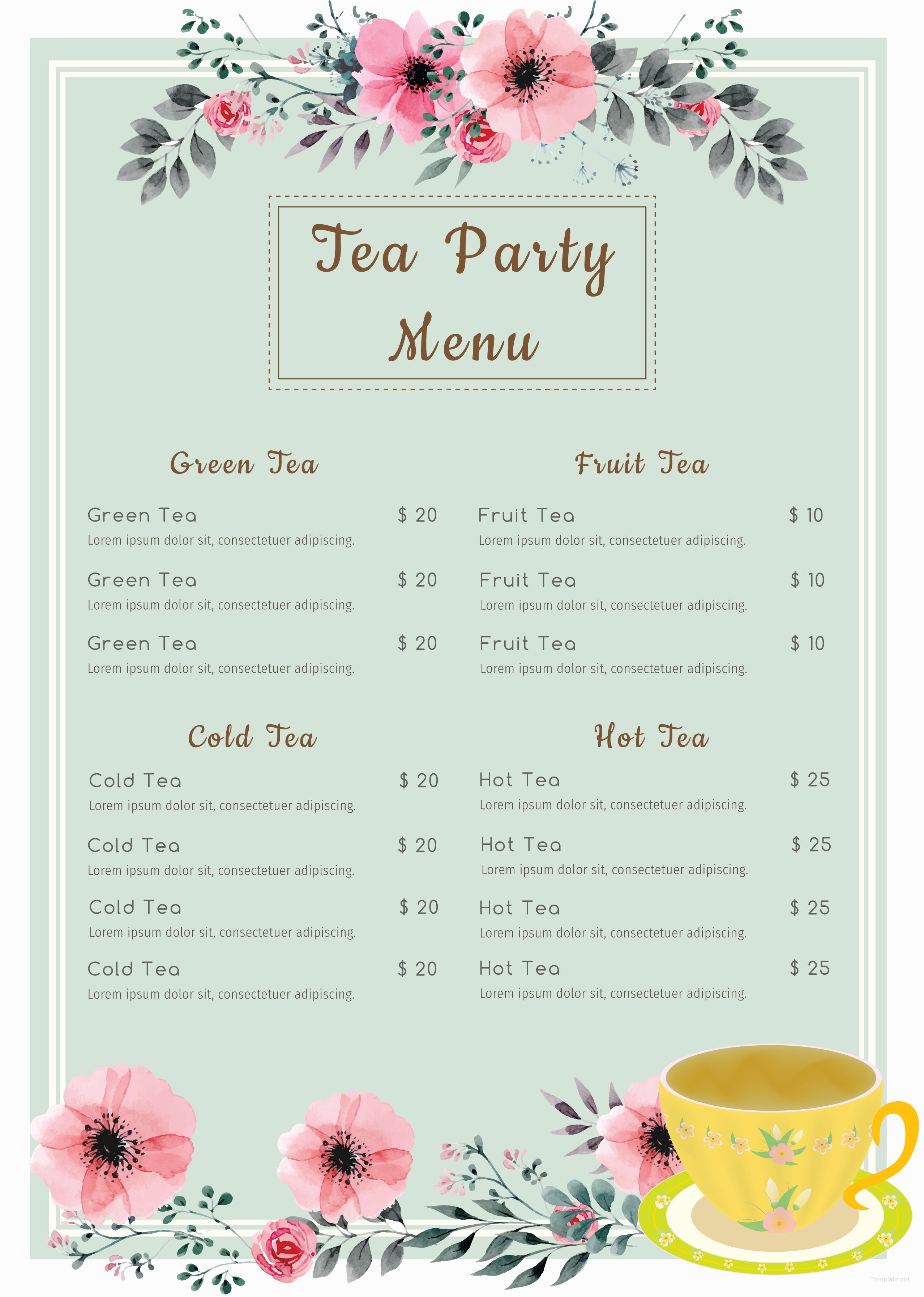 Free Tea Party Menu Template in Adobe Illustrator, Microsoft