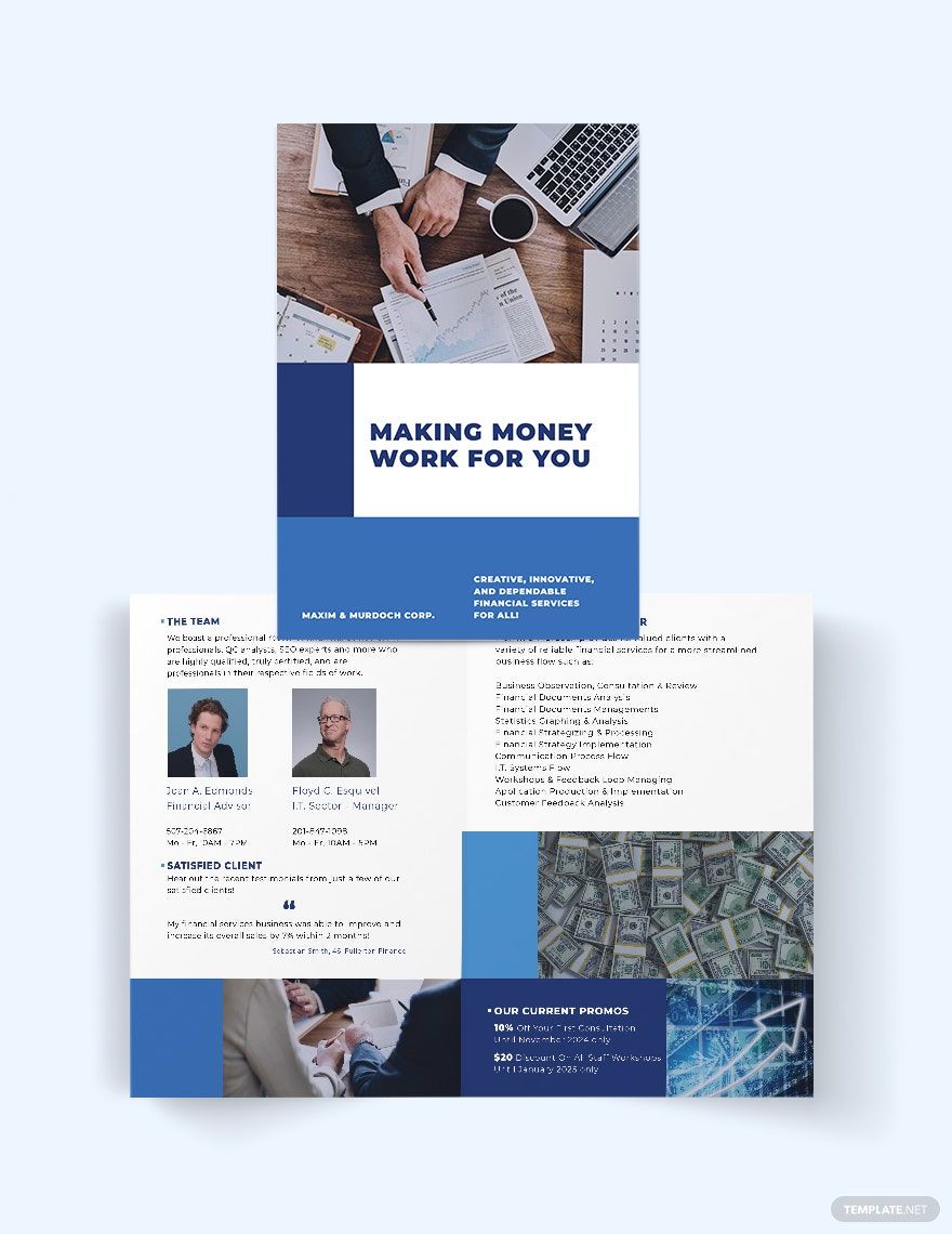 Financial Services Bi-Fold Brochure Template in Word, Google Docs, Illustrator, PSD, Apple Pages, Publisher, InDesign