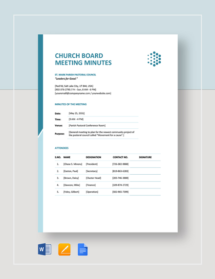 Church Board Meeting Minutes Template Word Google Docs Apple