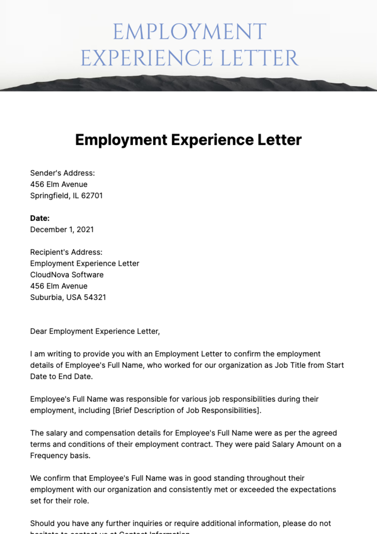 Free Employment Experience Letter Template