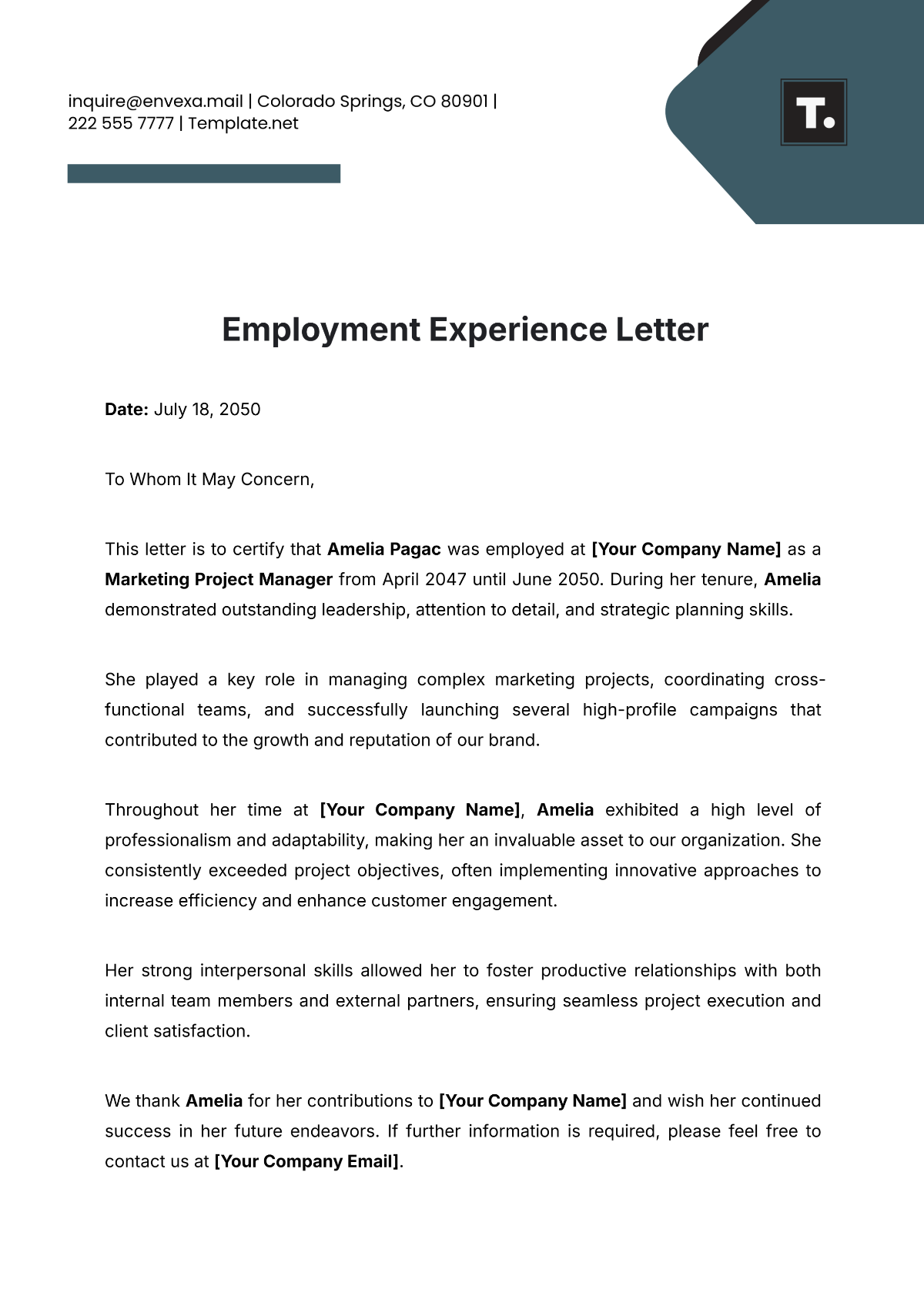 Employment Experience Letter Template - Edit Online & Download