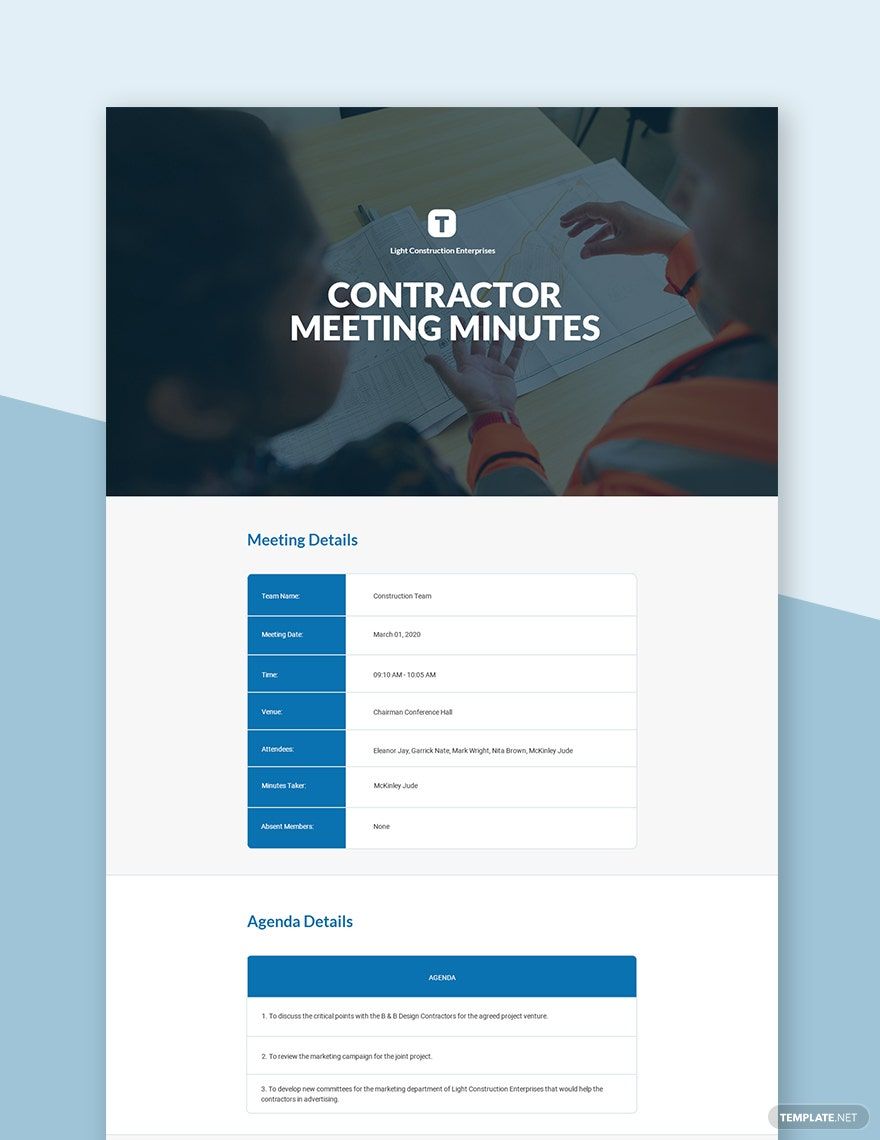 Contractor Meeting Minutes Template Google Docs, Word, Apple Pages