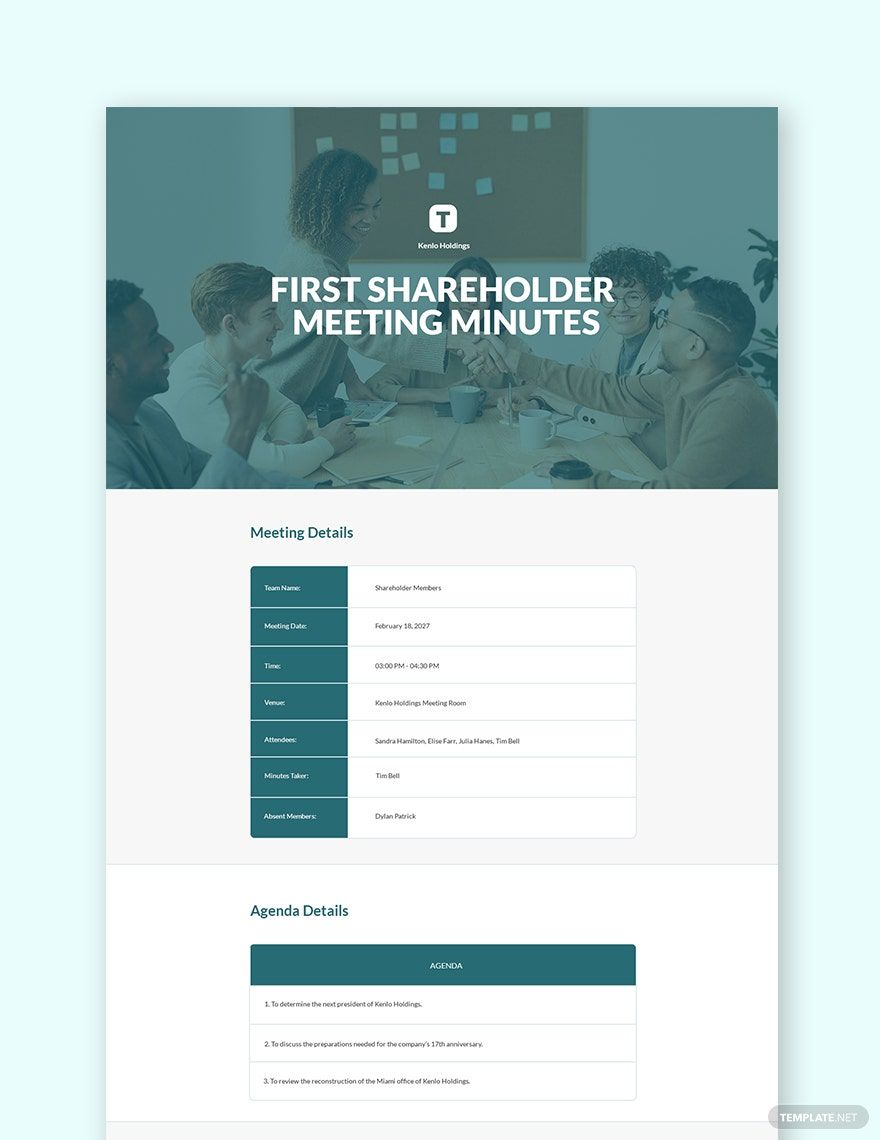 First Shareholder Meeting Minutes Template in Word, Google Docs, PDF, Apple Pages