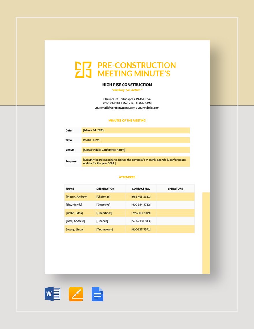 Construction Meeting Agenda Template - For Word, PDF Format With Regard To Construction Meeting Minutes Template