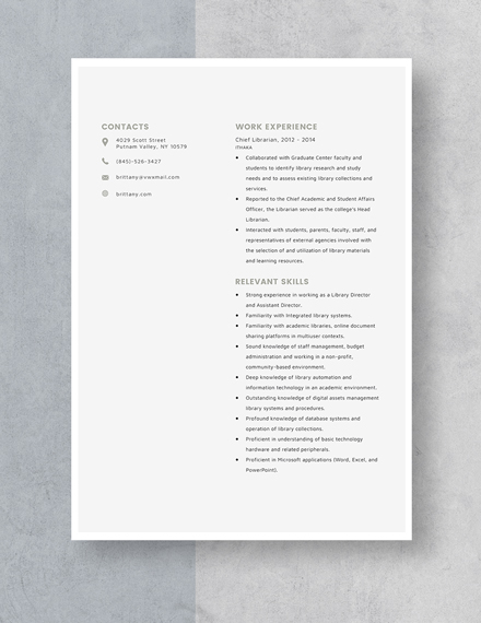Chief Librarian Resume Template