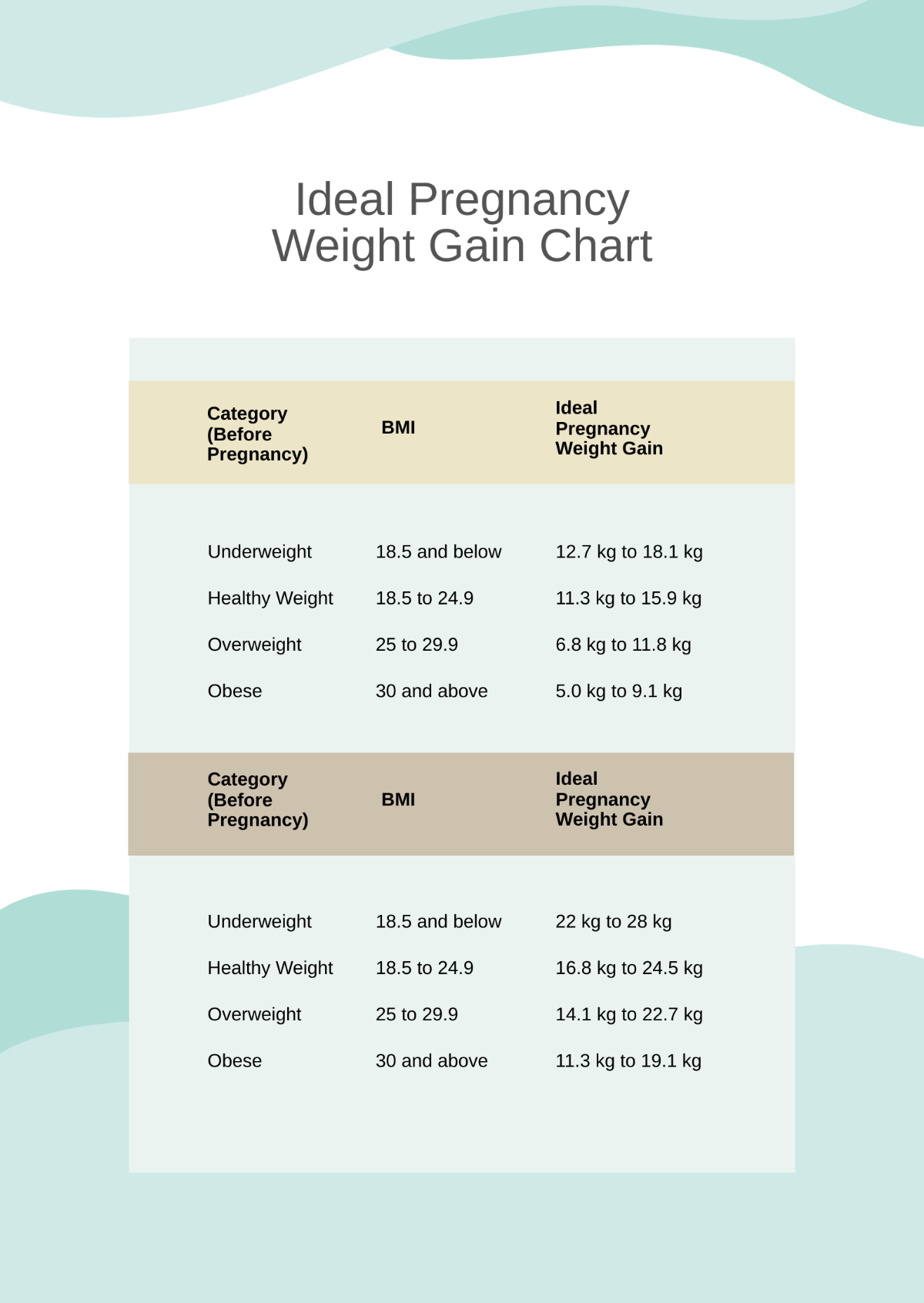 Ideal Pregnancy Weight Gain Chart Template