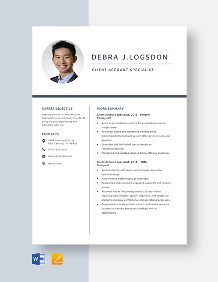Free Client Account Specialist Resume Template - Word, Apple Pages