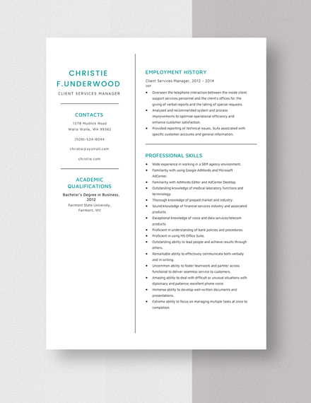 Client Services Manager Resume Template