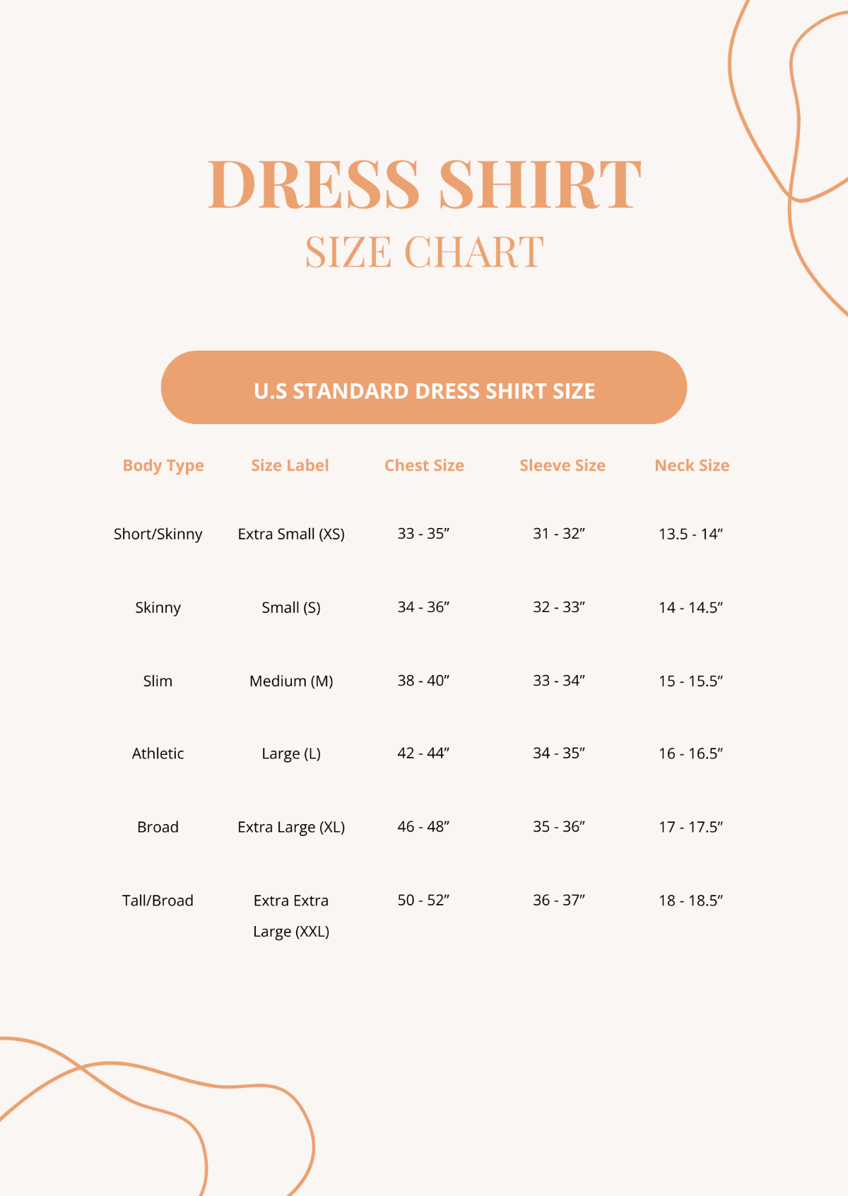 Dress Shirt Size Chart Template