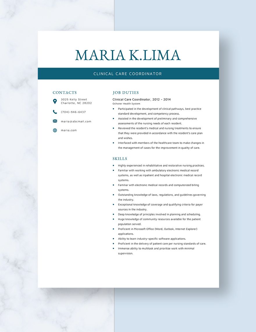 Free Free Clinical Care Coordinator Resume Template Word Apple Pages