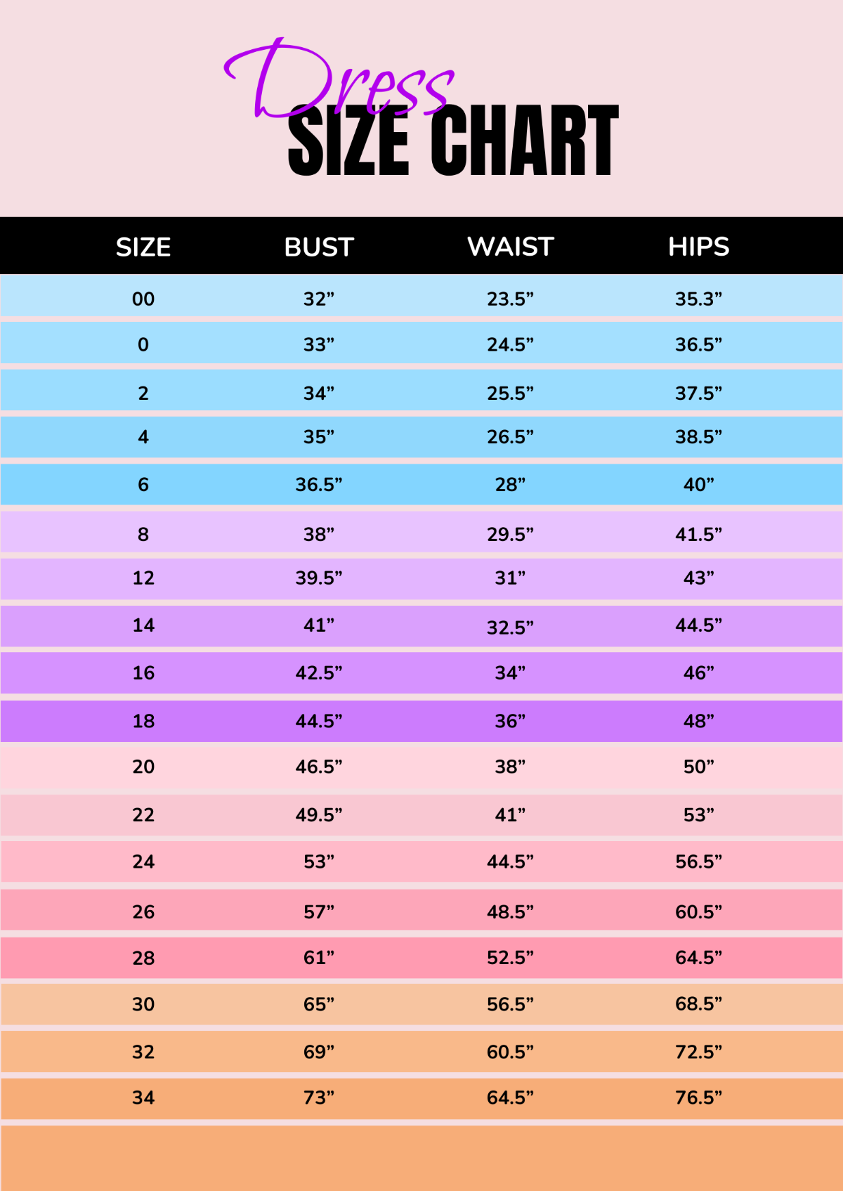Dress Size Chart Template