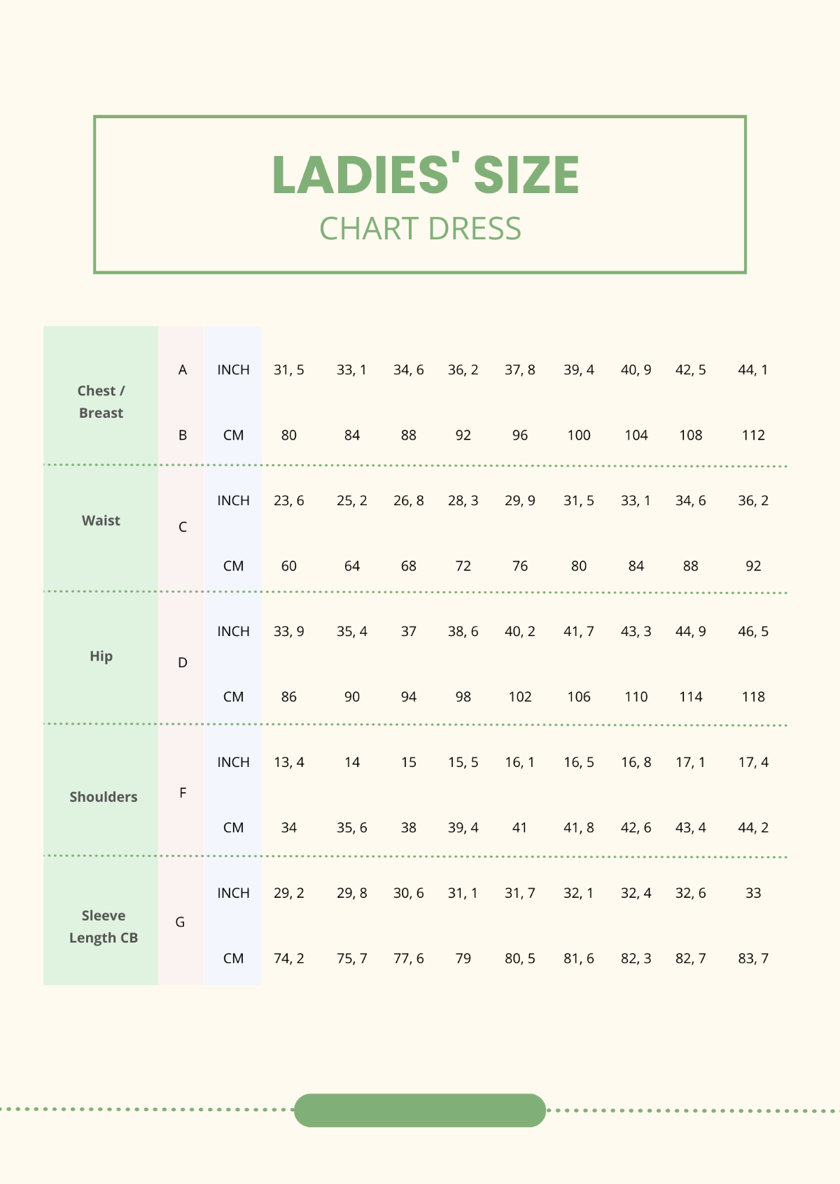Size chart for Women
