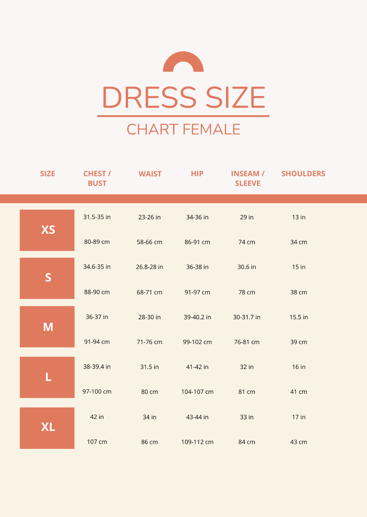 Free Dress Size Chart Female Template