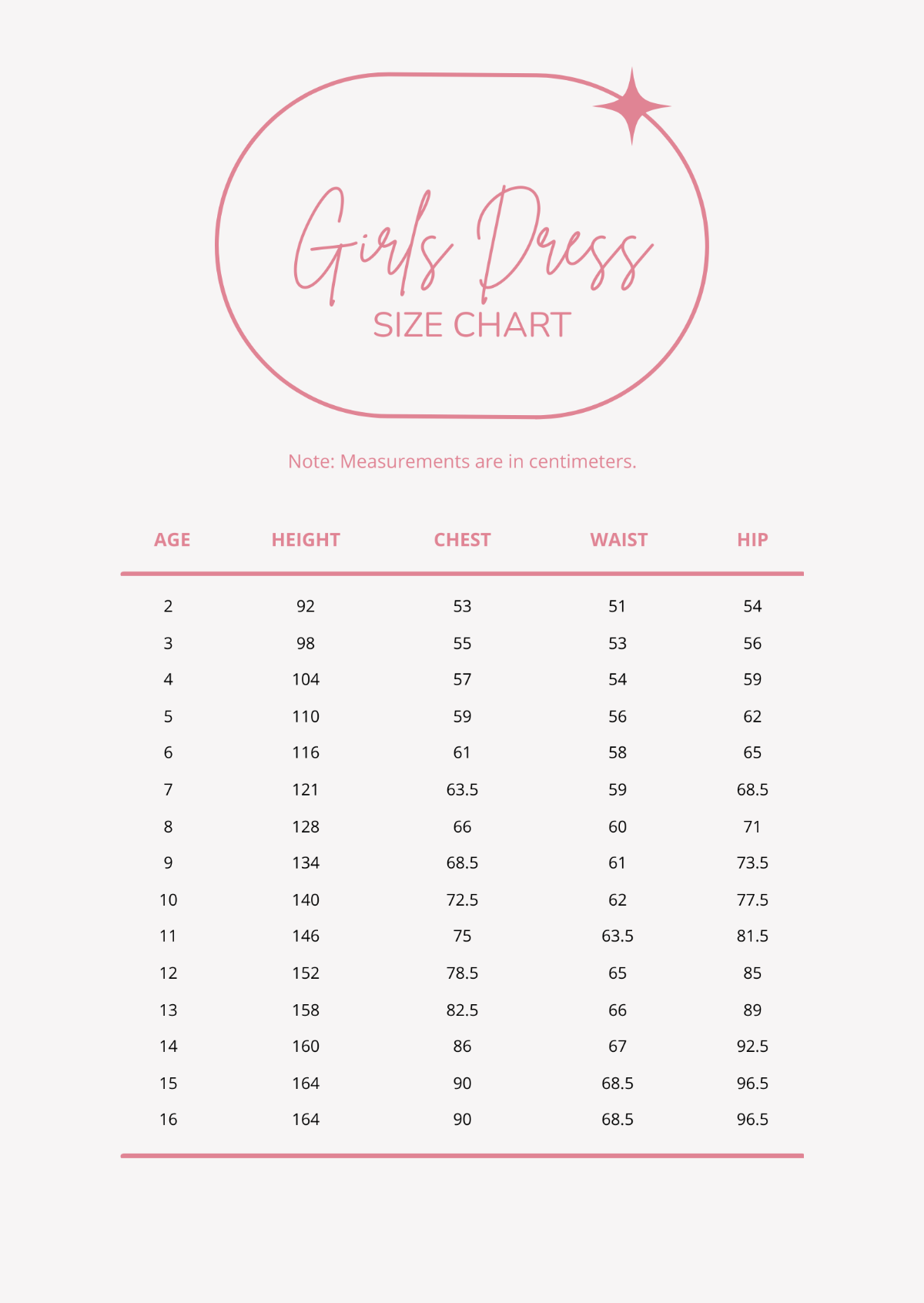 Girls Dress Size Chart